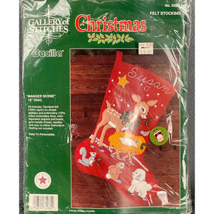 Vintage Bucilla Gallery Of Stitches Felt Stocking Manger Scene #32964 Deer Lamb